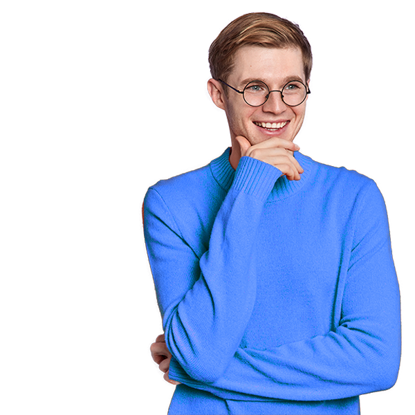 studio shot of handsome cheerful guy holds chin re 384RTJZa
