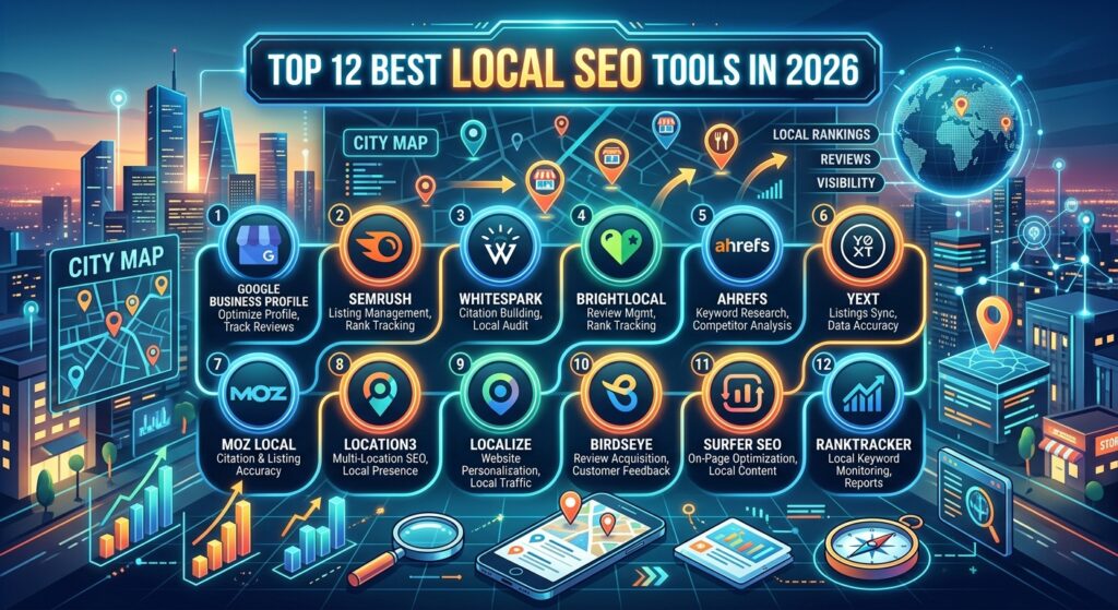 give me a creative image Top12 Best Local SEO Tools in 2026